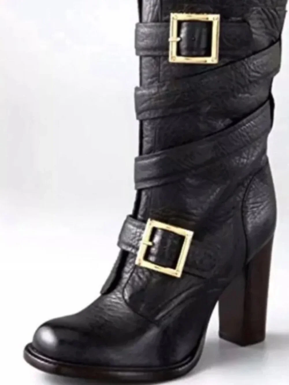 Tory Burch Jaden Brown Boots Mid Calf Buckle Straps Stack Heel Sleek Moto SZ 8